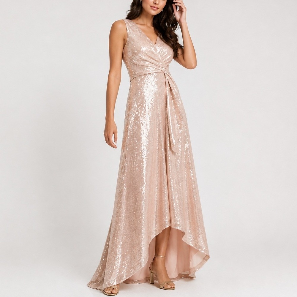 Kay Unger Katrina Sequin High-Low Gown 2 Powder Blush Dress Formal Cocktail